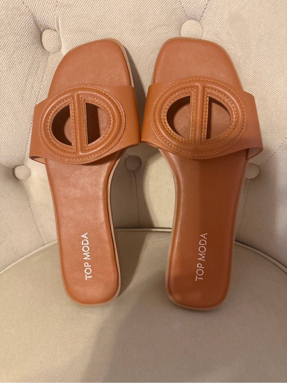 TOP Moda Tan Slide Sandals with Decorative Cutout Strap